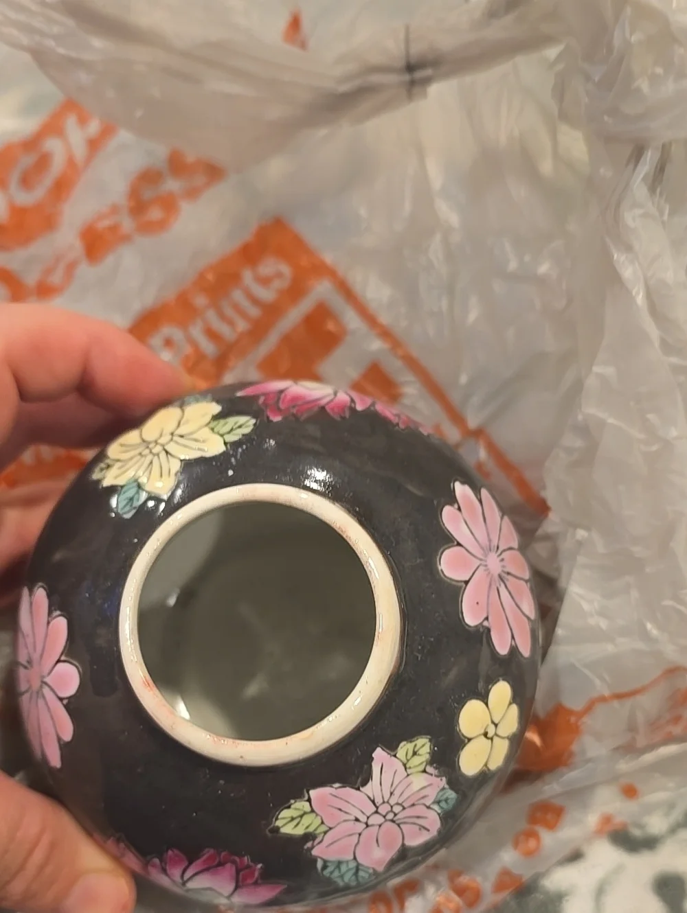 Black Chinoiserie Small Ginger Jar No Lid Vase Pink Peony